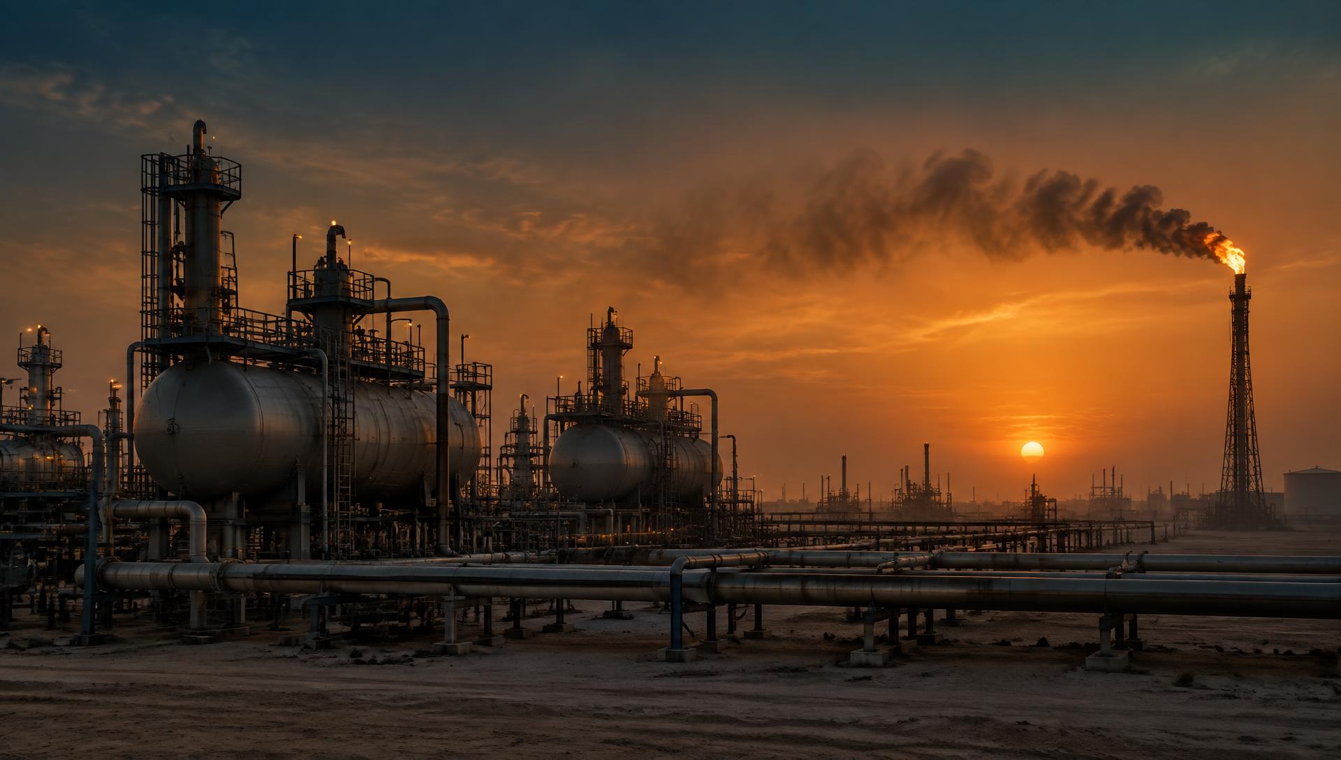 Oil and gas production facility in southern Iraq at dusk