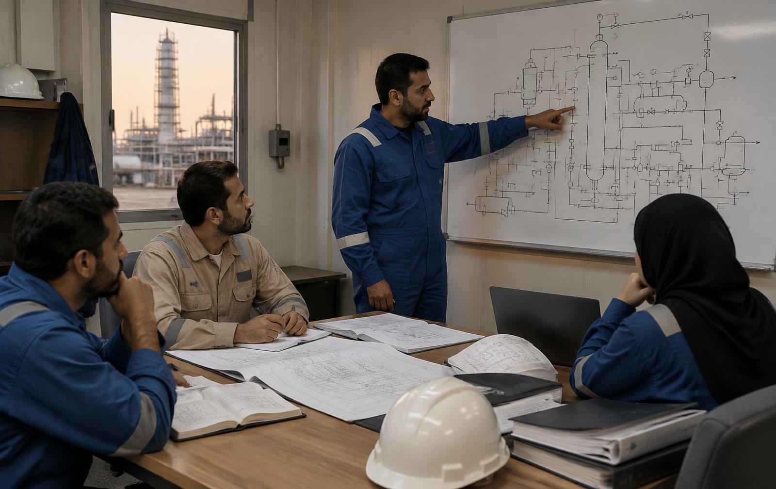 Technical English session with engineers around plant drawings